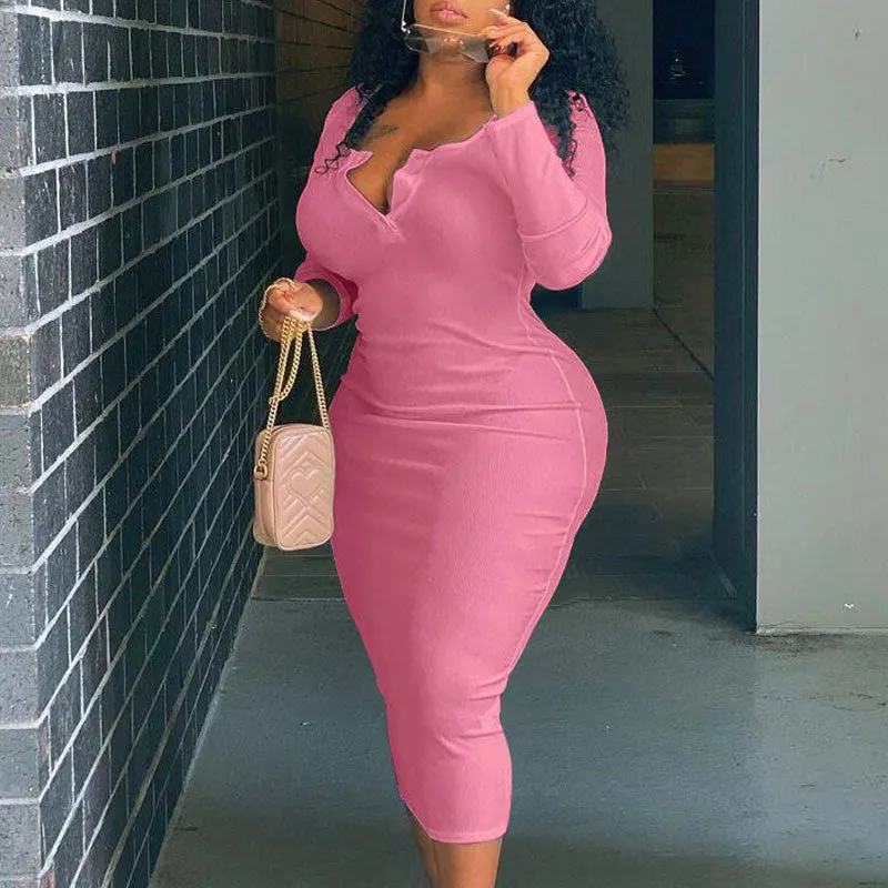 Solid V-Neck Long Sleeve Plus Size Dress