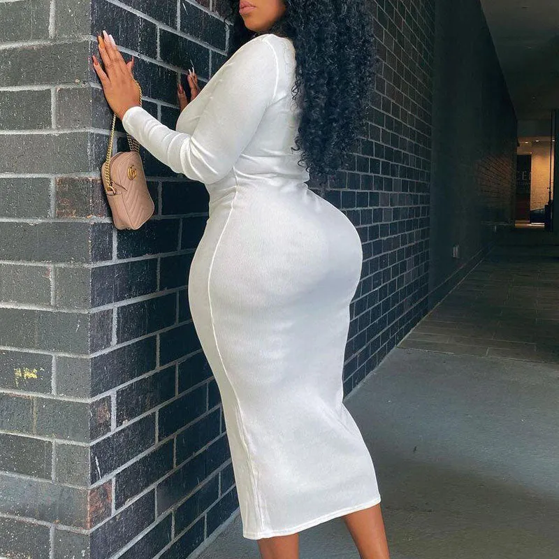 Solid V-Neck Long Sleeve Plus Size Dress