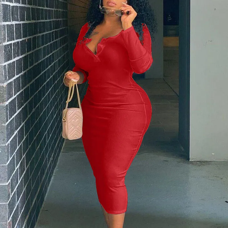 Solid V-Neck Long Sleeve Plus Size Dress