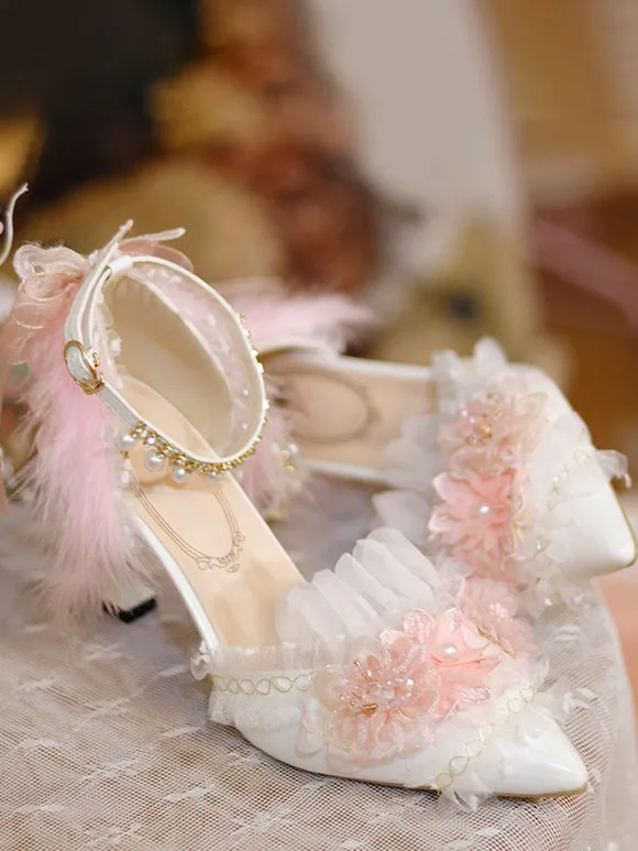 Sweet Lolita Footwear White Flowers Chains Ruffles PU Leather Stiletto Heel Lolita Pumps