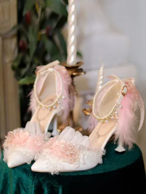 Sweet Lolita Footwear White Flowers Chains Ruffles PU Leather Stiletto Heel Lolita Pumps