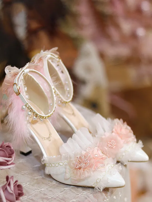 Sweet Lolita Footwear White Flowers Chains Ruffles PU Leather Stiletto Heel Lolita Pumps
