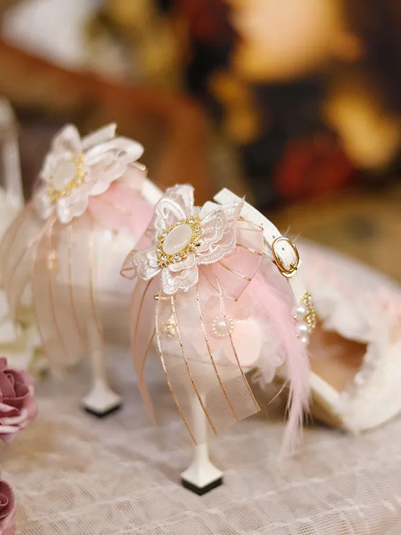 Sweet Lolita Footwear White Flowers Chains Ruffles PU Leather Stiletto Heel Lolita Pumps