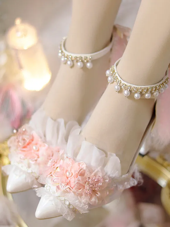 Sweet Lolita Footwear White Flowers Chains Ruffles PU Leather Stiletto Heel Lolita Pumps