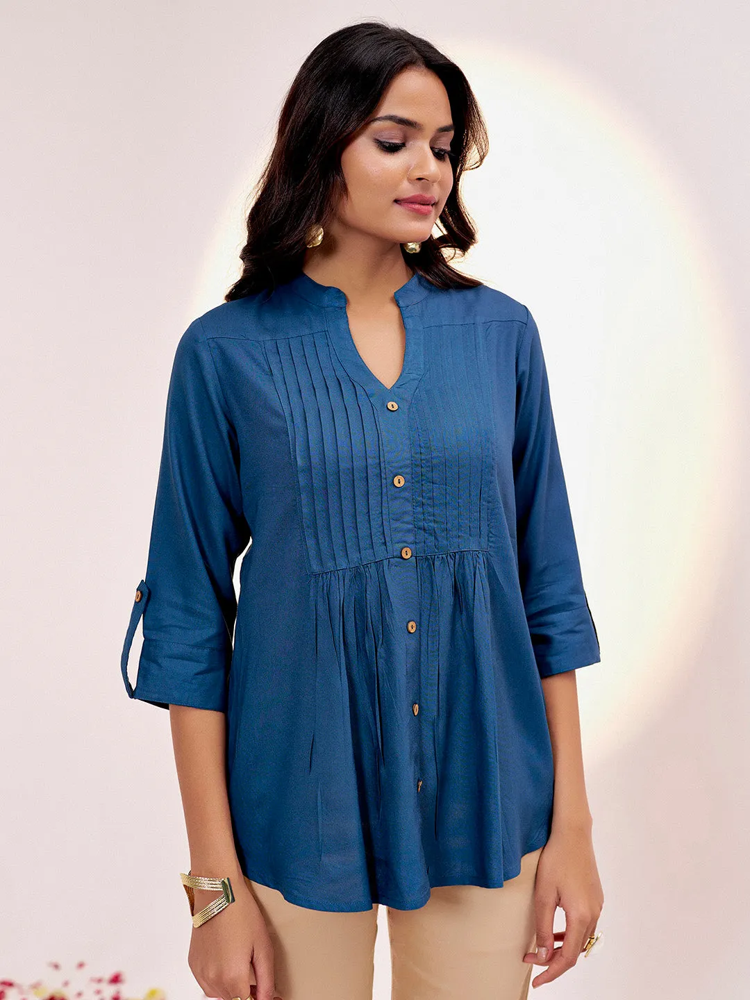 Teal Casual Pleated Solid Top