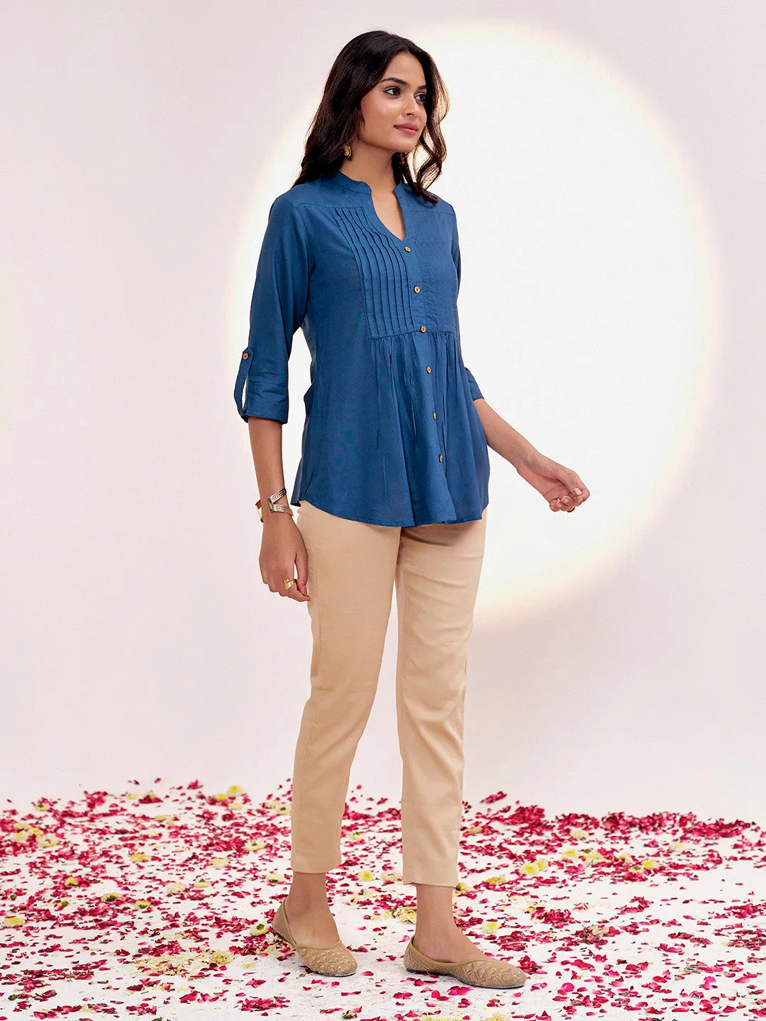 Teal Casual Pleated Solid Top