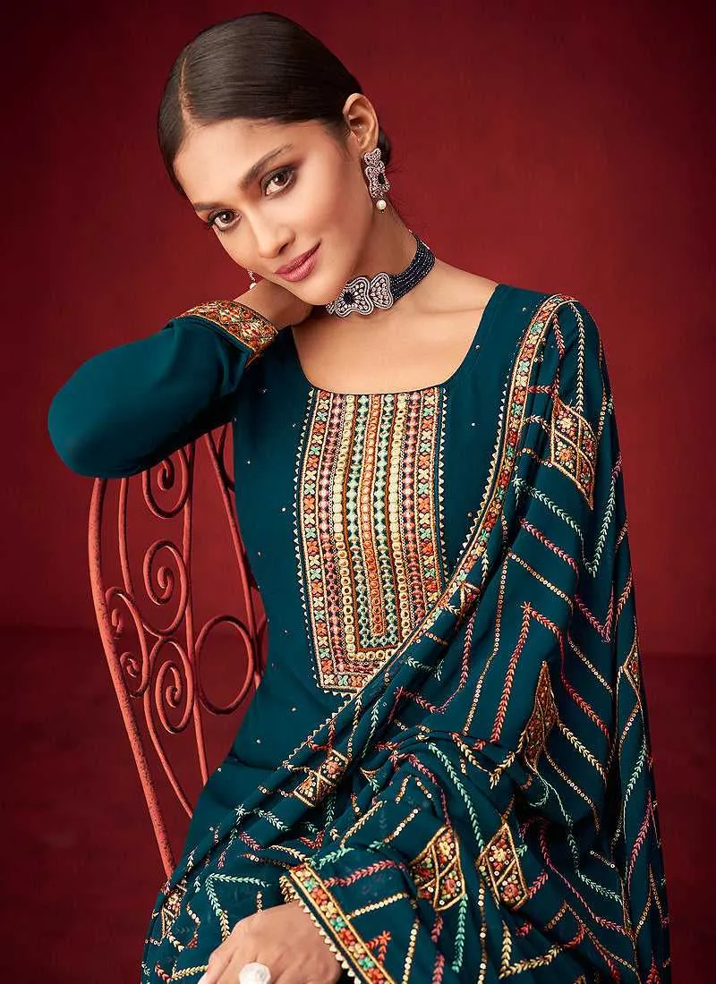 Teal Sequins Embroidered Straight Pant Style Suit