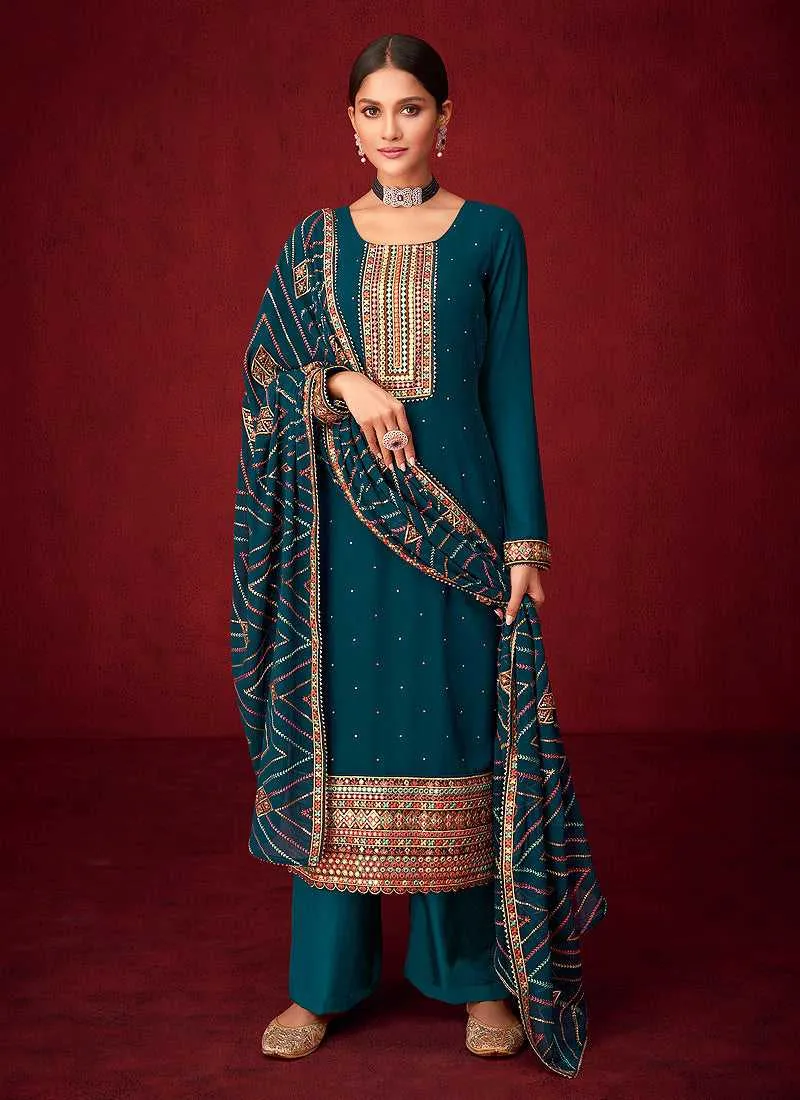Teal Sequins Embroidered Straight Pant Style Suit