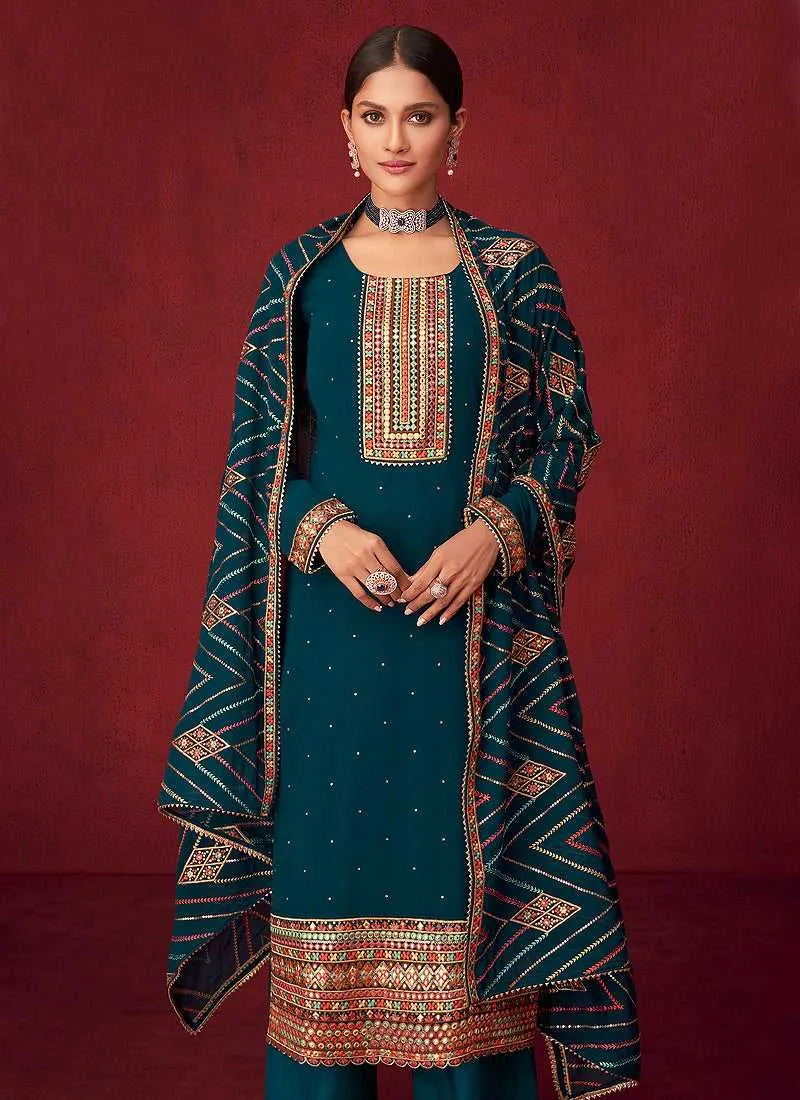 Teal Sequins Embroidered Straight Pant Style Suit