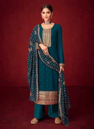 Teal Sequins Embroidered Straight Pant Style Suit