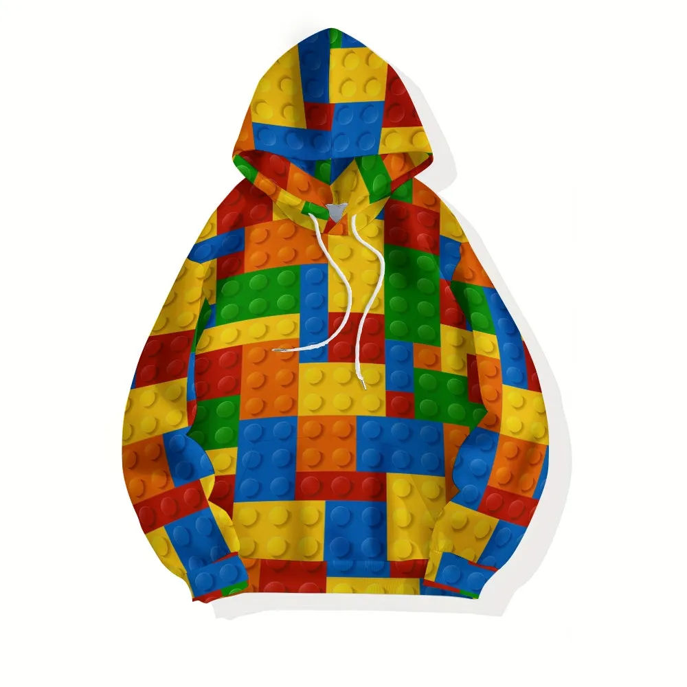 Unisex Casual Fun Brick Print Pocket Hoodie 2307101654