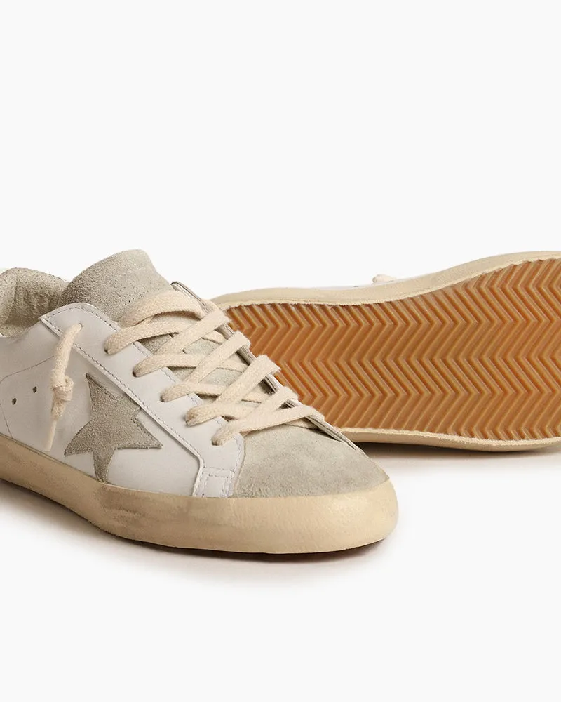 White Leather Sneakers with Gray Star and Silver Glitter Heel Tab