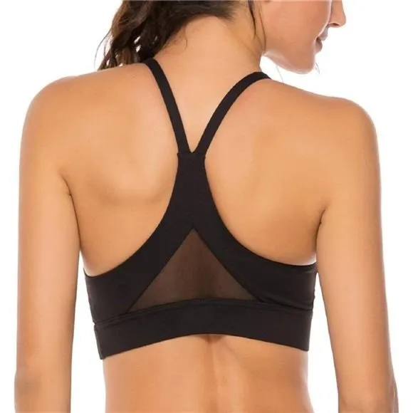 WOMENS Strappy Sports Bra Mesh Open Back Sports Bra for Workout Yoga Gym Black