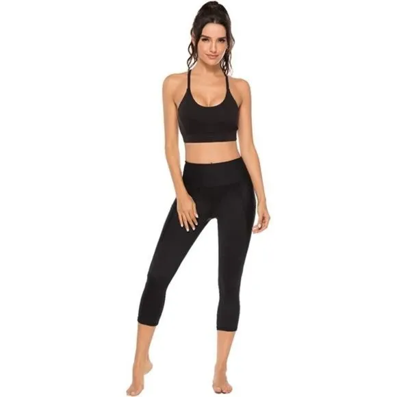 WOMENS Strappy Sports Bra Mesh Open Back Sports Bra for Workout Yoga Gym Black