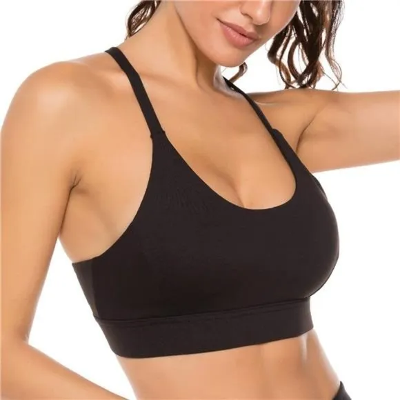 WOMENS Strappy Sports Bra Mesh Open Back Sports Bra for Workout Yoga Gym Black