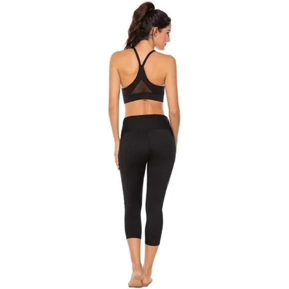 WOMENS Strappy Sports Bra Mesh Open Back Sports Bra for Workout Yoga Gym Black