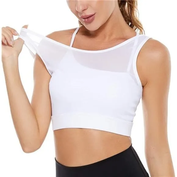 WOMENS Strappy Sports Bra Mesh Open Back Sports Bra for Workout Yoga Gym White-1