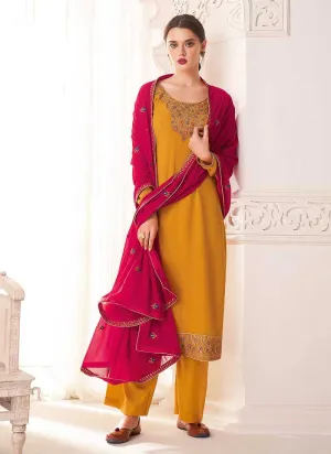 Yellow And Pink Embroidered Straight Pant Style Suit