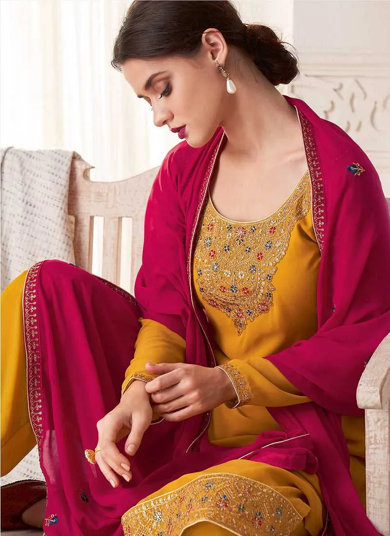 Yellow And Pink Embroidered Straight Pant Style Suit