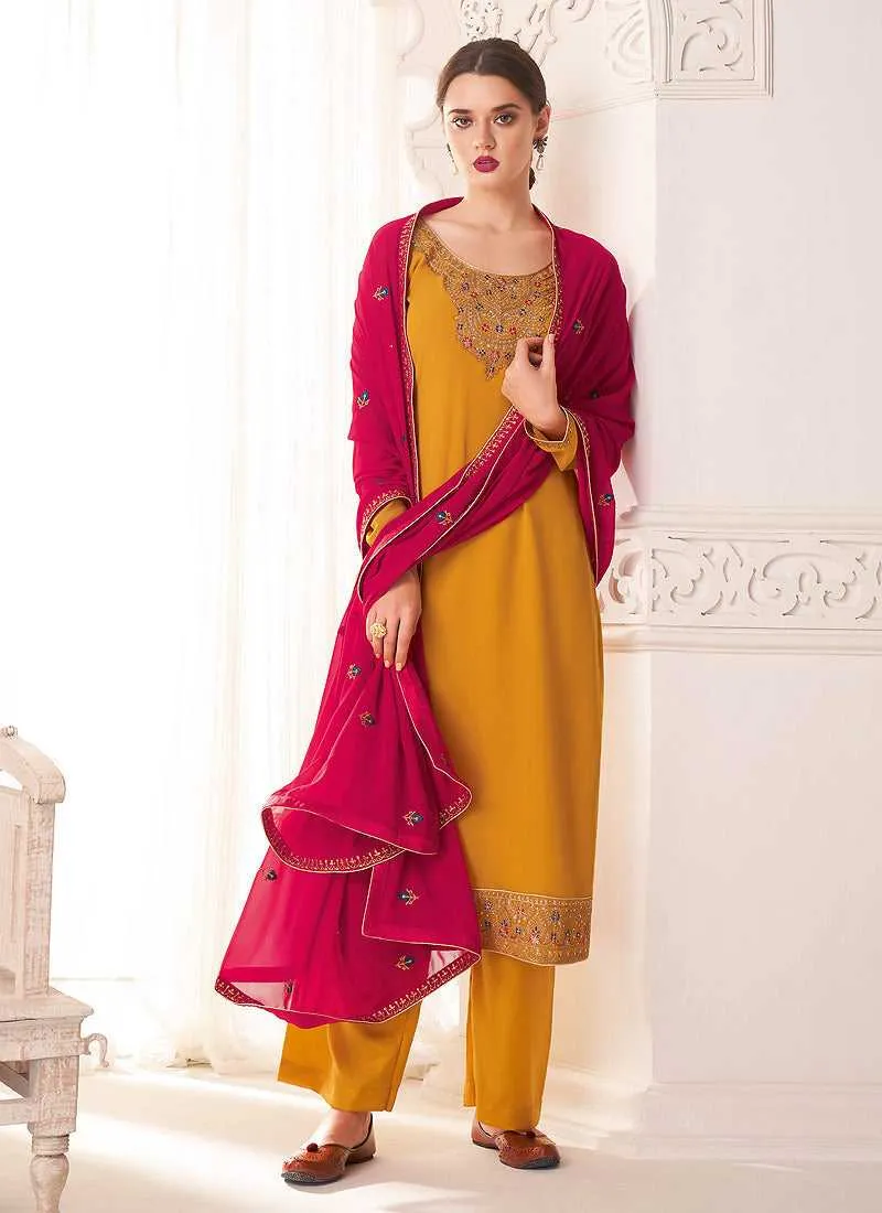 Yellow And Pink Embroidered Straight Pant Style Suit