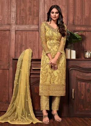 Yellow Color Heavy Embroidered Pant Style Suit