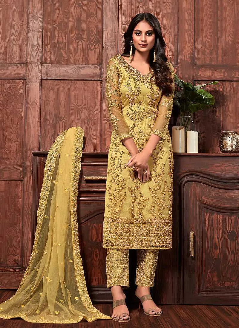 Yellow Color Heavy Embroidered Pant Style Suit