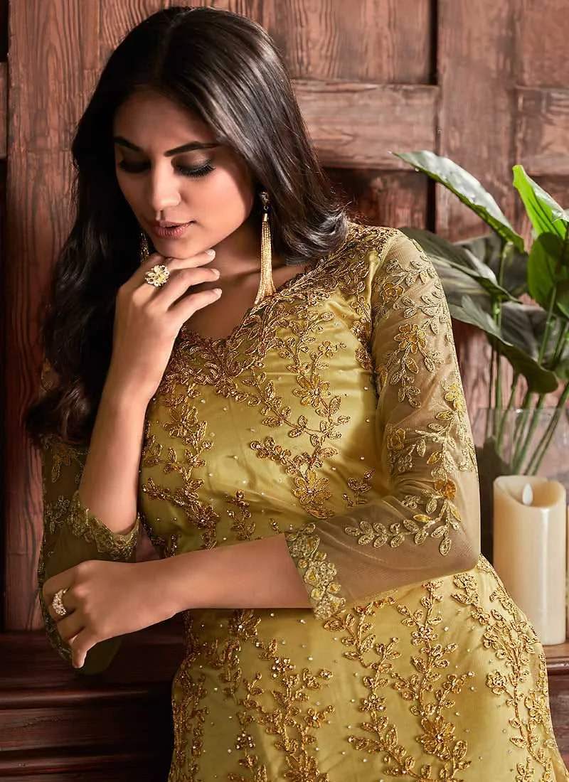 Yellow Color Heavy Embroidered Pant Style Suit