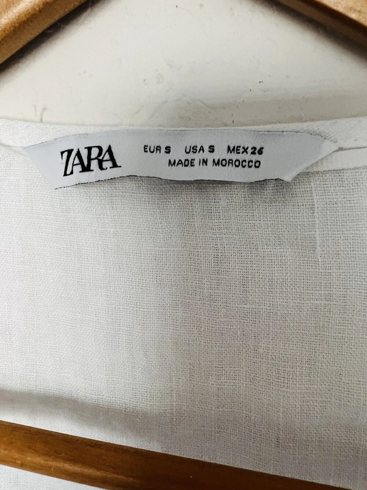 ZARA NWT 100% Linen Top Sz S White Lace Trim Short Sleeve Blouse V-Neck Tunic