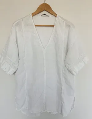 ZARA NWT 100% Linen Top Sz S White Lace Trim Short Sleeve Blouse V-Neck Tunic