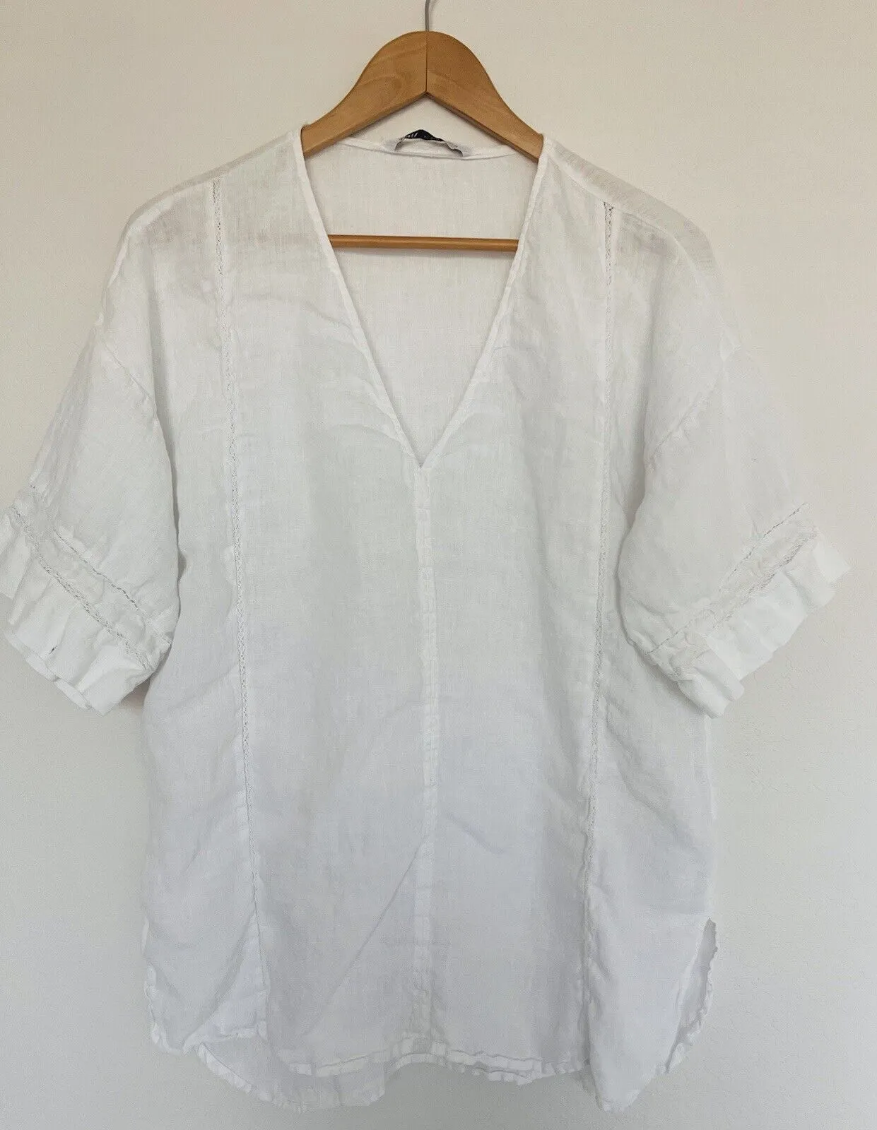 ZARA NWT 100% Linen Top Sz S White Lace Trim Short Sleeve Blouse V-Neck Tunic