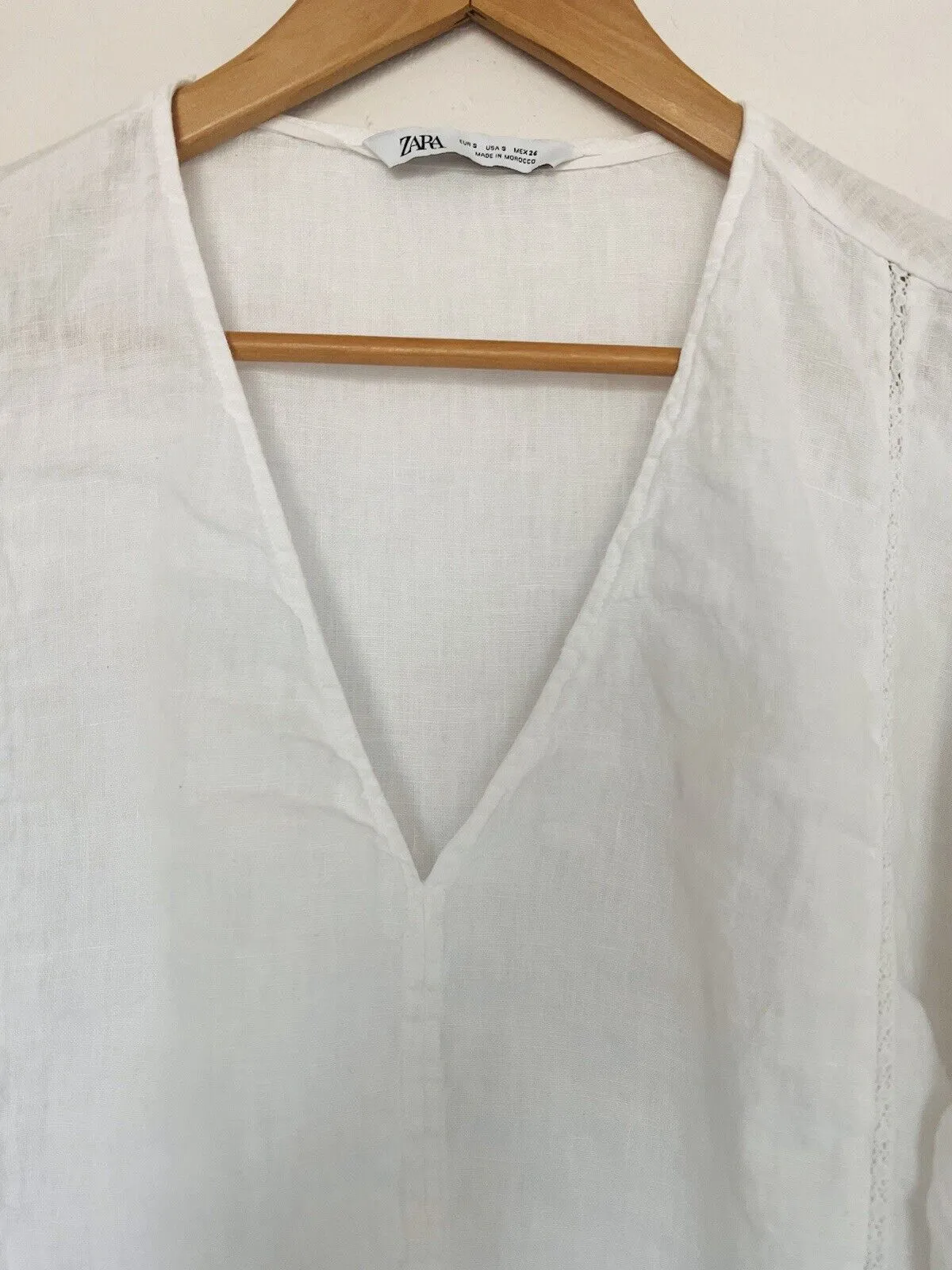 ZARA NWT 100% Linen Top Sz S White Lace Trim Short Sleeve Blouse V-Neck Tunic