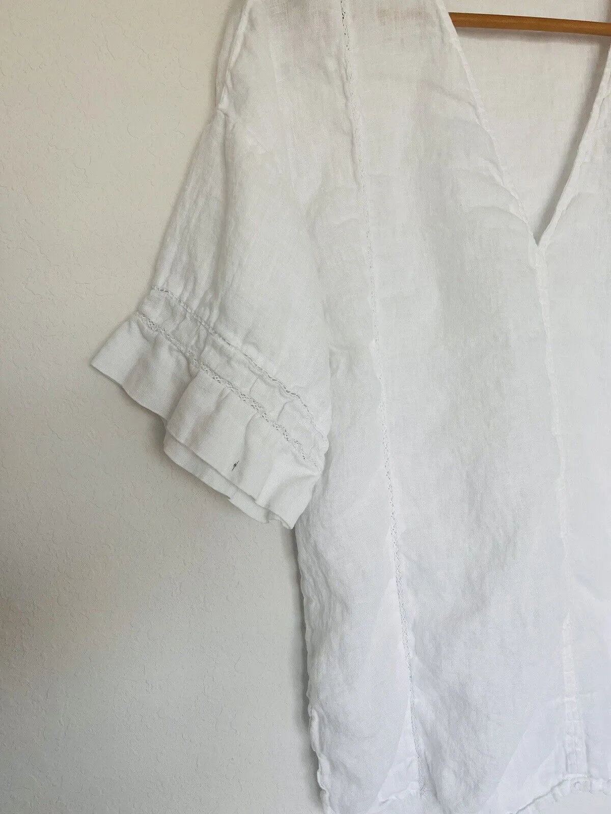 ZARA NWT 100% Linen Top Sz S White Lace Trim Short Sleeve Blouse V-Neck Tunic