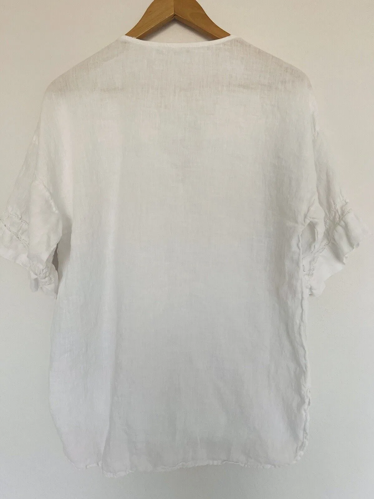 ZARA NWT 100% Linen Top Sz S White Lace Trim Short Sleeve Blouse V-Neck Tunic