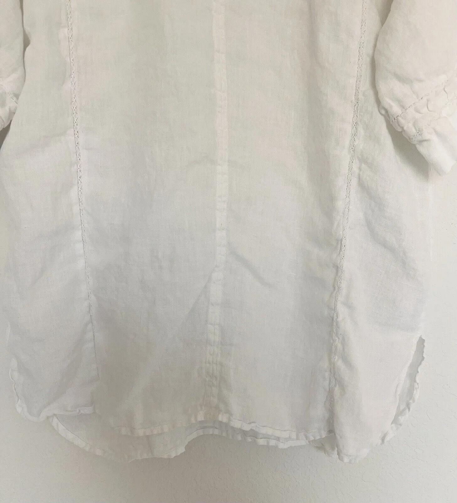 ZARA NWT 100% Linen Top Sz S White Lace Trim Short Sleeve Blouse V-Neck Tunic